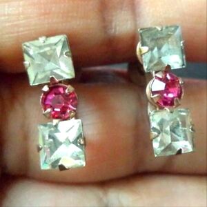 STUNNING VINTAGE ESTATE GOLD TONE PINK RHINESTONE 3/4" SCREW EARRINGS!!!